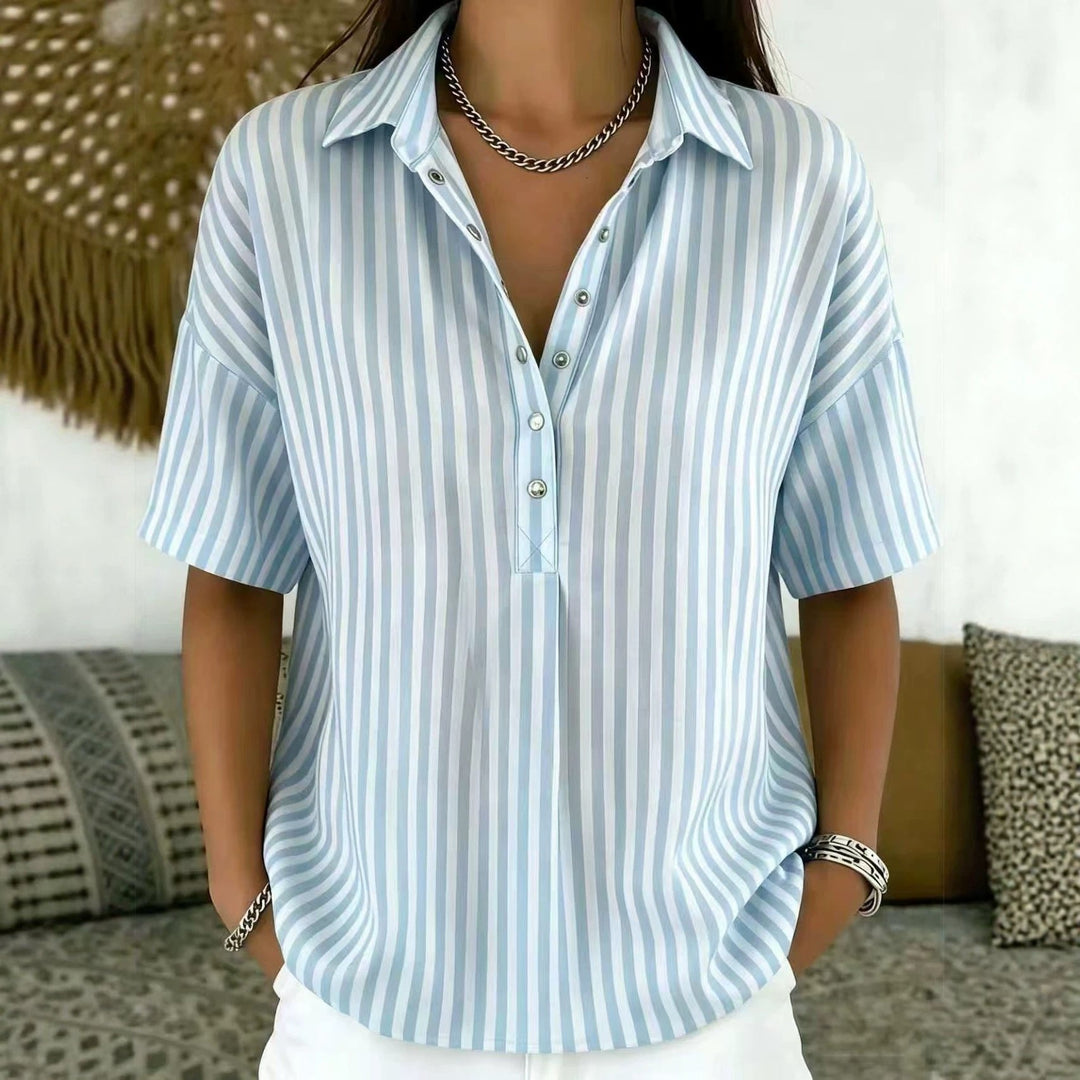 Versatile women's blouse: vertical stripes, half-button, relaxed fit. Ideal for spring, summer & office chic.