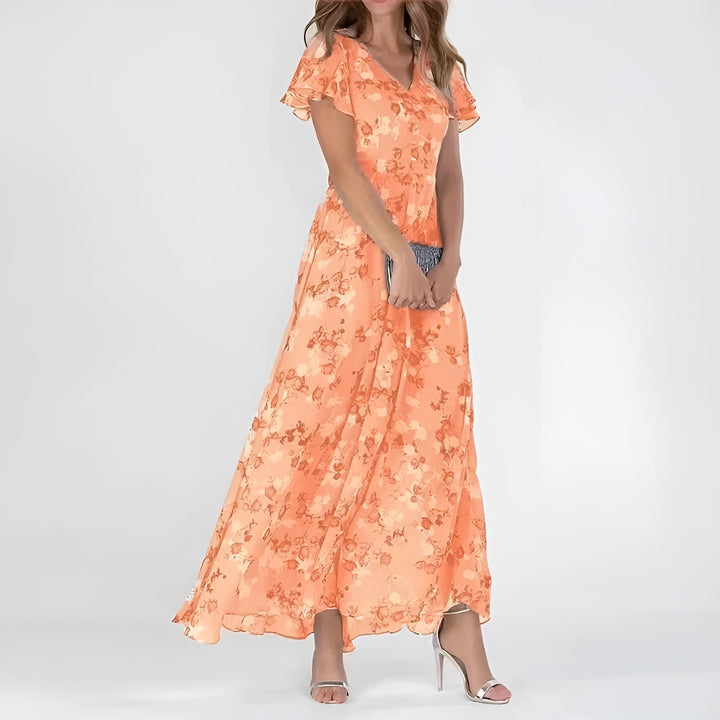 Elegant women's watercolor floral maxi dress, perfect for summer garden parties or as a wedding guest.
