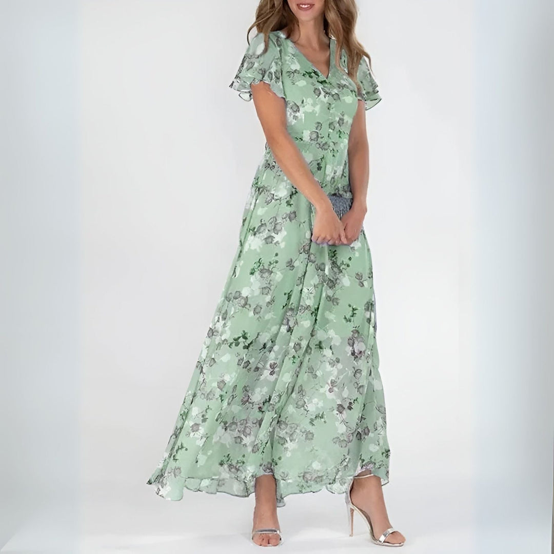Feminine women's elegant watercolor floral maxi dress, a stylish choice for special occasions and summer.