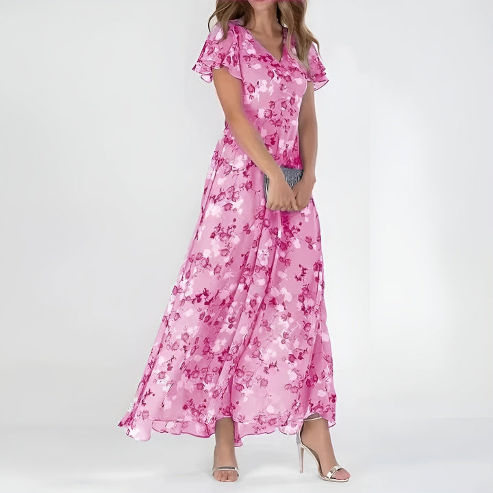 Romantic women's watercolor floral maxi dress, an elegant and comfortable choice for summer parties.