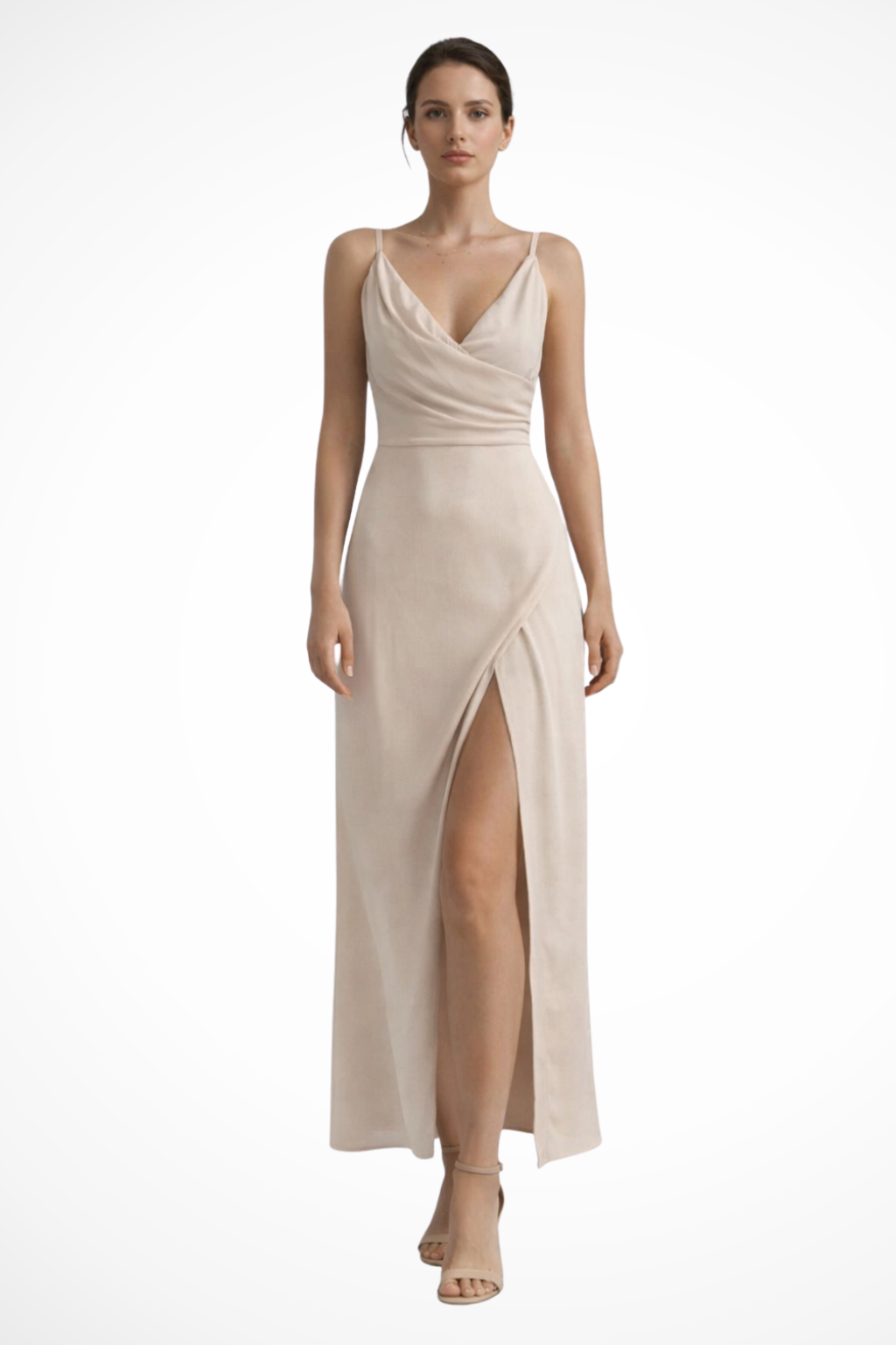 Stunning long formal gown for women. Elegant draped bodice, flattering silhouette & stylish slit. Ideal for parties.