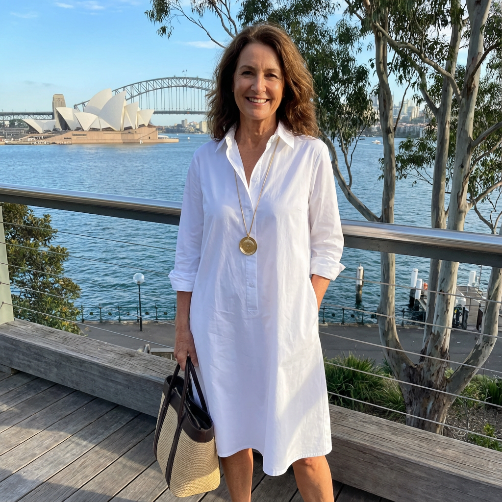 Classic white button-down midi dress for women, offering timeless elegance and sophisticated style.