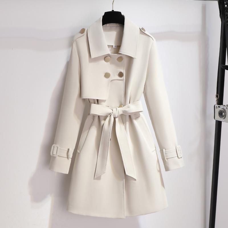 Elegant women's white classic lapel belted trench coat, perfect for stylish outerwear fashion.