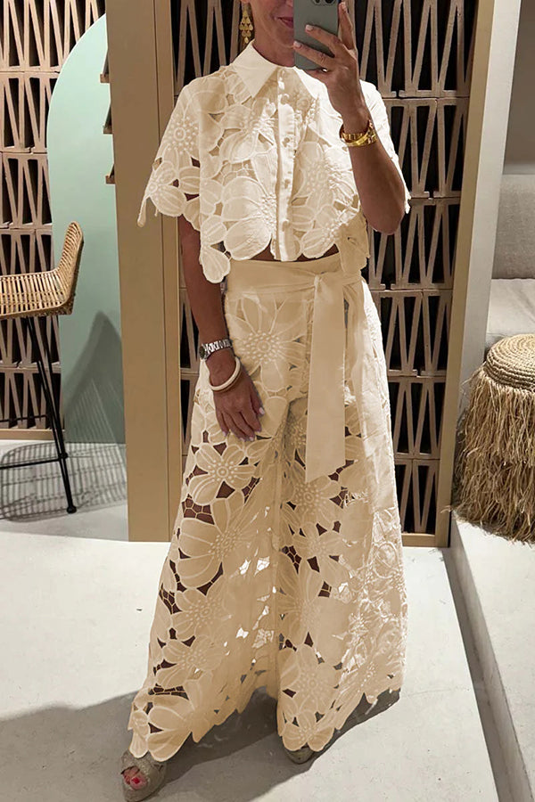 Elegant women's white eyelet two-piece set with ruffle sleeves, perfect for summer casual chic or vacation wear.