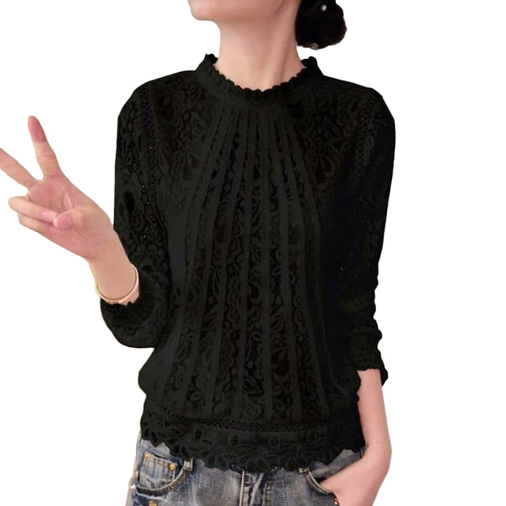 Elegant women's white lace long sleeve blouse with stand collar, perfect for office or special occasions.
