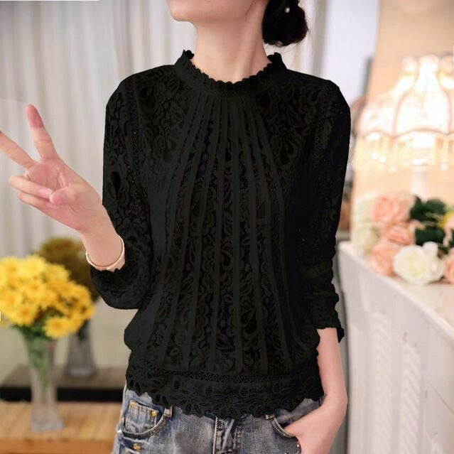 Romantic women's white lace long sleeve blouse with delicate floral details and an elegant stand collar.