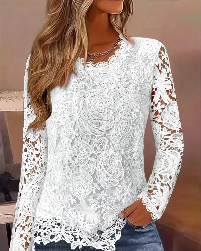 Elegant women's white lace long sleeve v-neck blouse with floral pattern & scalloped edges. Perfect for formal or casual wear.