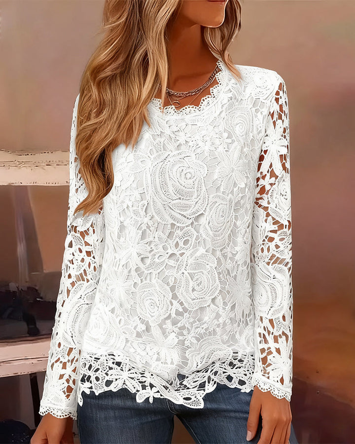 Stylish women's lace v-neck long sleeve blouse featuring delicate floral patterns and scalloped edges, versatile fashion.