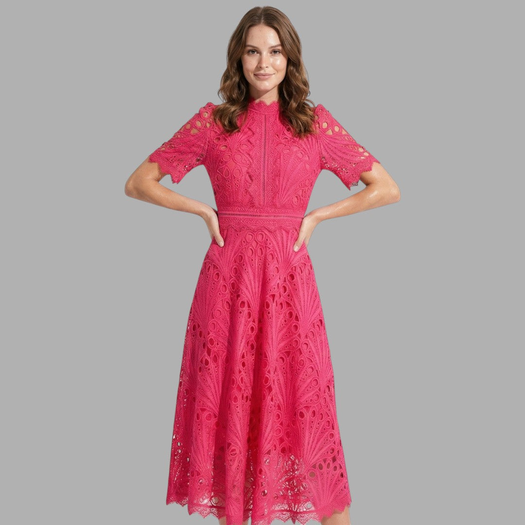Elegant women's white lace midi dress with short sleeves, perfect for weddings, parties & formal evening occasions.