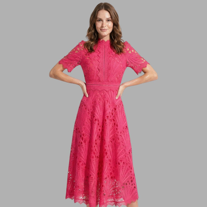 Elegant women's white lace midi dress with short sleeves, perfect for weddings, parties & formal evening occasions.