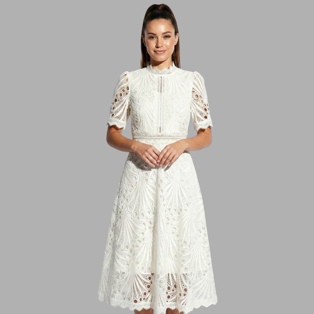 Sophisticated women's lace midi dress for special occasions. Features delicate lace overlay & flattering silhouette.