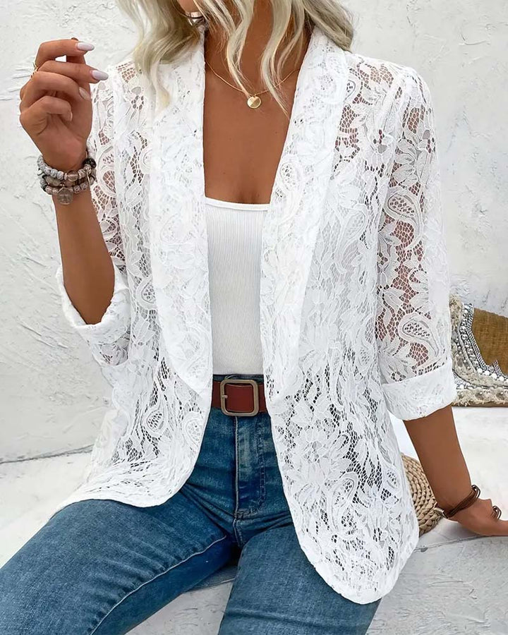 Elegant women's white lace trim blazer, perfect for sophisticated business attire or spring formal events.