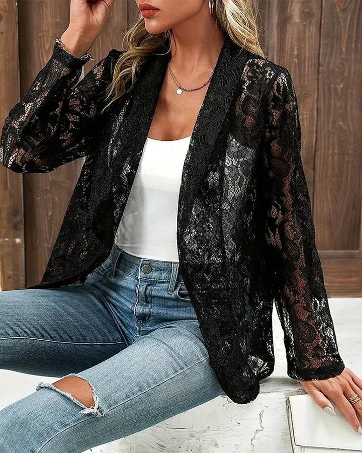 Classic solid color women's blazer with delicate lace trim, a lightweight jacket ideal for elegant summer style.
