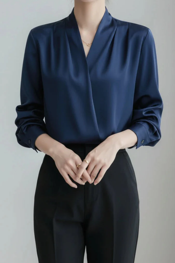 Chic blue long-sleeve wrap top for women, offering effortless everyday comfort and elegant fashion.