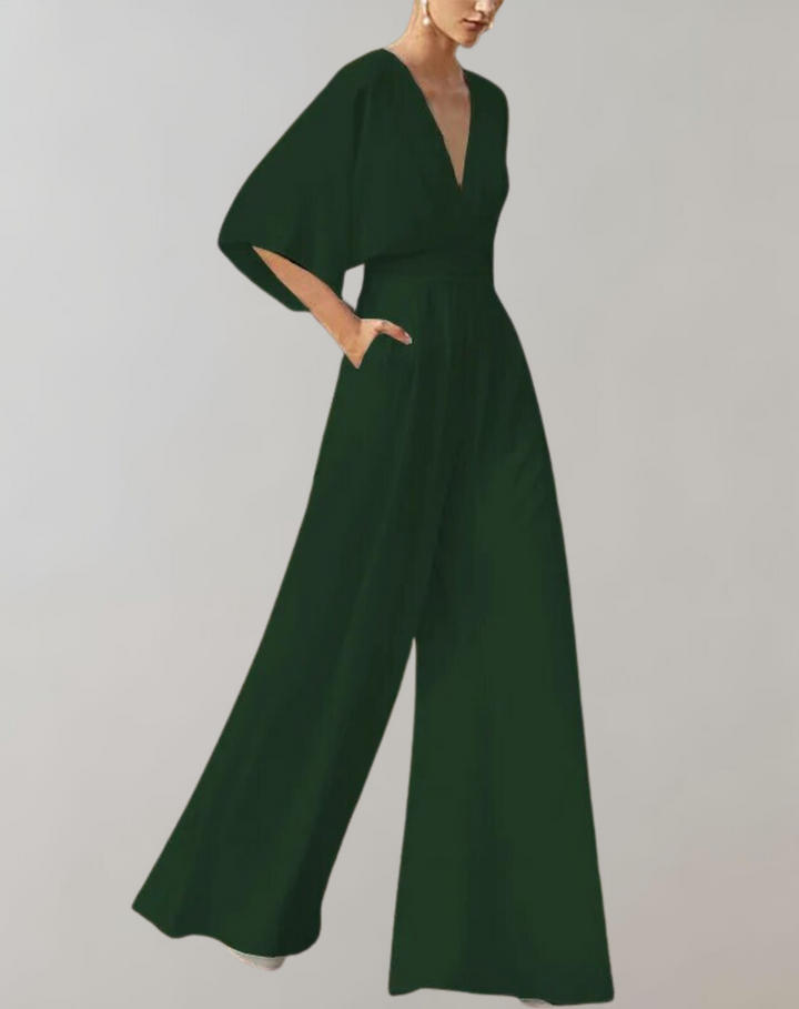Elegant button-front wide leg jumpsuit for women, perfect for evening parties & special occasions.