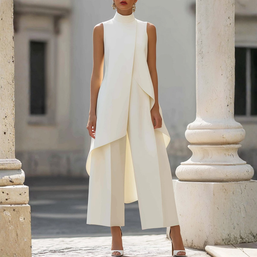 Elegant women's wide-leg jumpsuit with drop waist and high neck. Perfect versatile outfit for formal or casual chic wear.