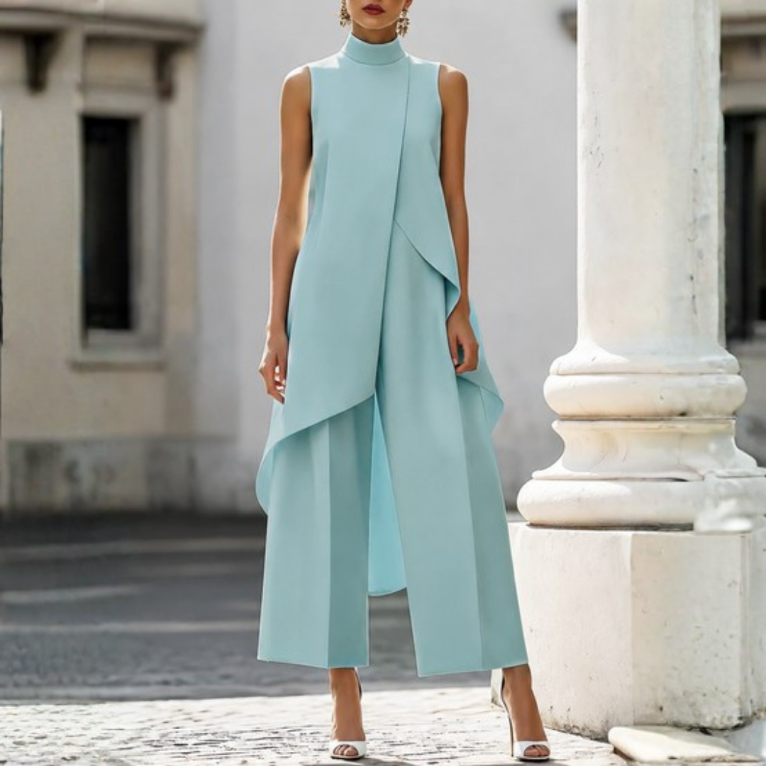 Stylish women's jumpsuit with a flattering wide-leg and modern drop waist. Sleeveless design, high neck detail.