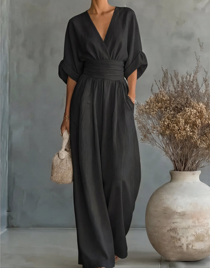 Versatile women's wide-leg wrap front jumpsuit, a comfortable and elegant choice for any occasion.