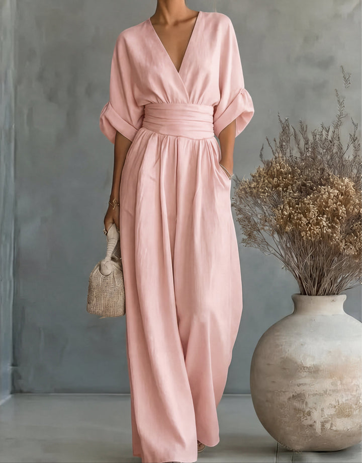 Women's one-piece wide-leg wrap jumpsuit, an elegant and comfortable option for formal or party wear.