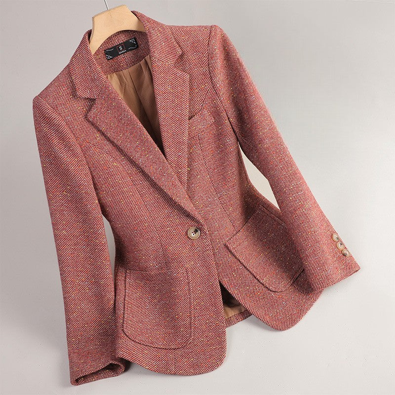Stylish women's wool blend tweed blazer jacket, an elegant and professional outerwear piece, chic design