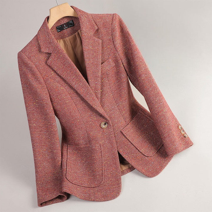 Stylish women's wool blend tweed blazer jacket, an elegant and professional outerwear piece, chic design