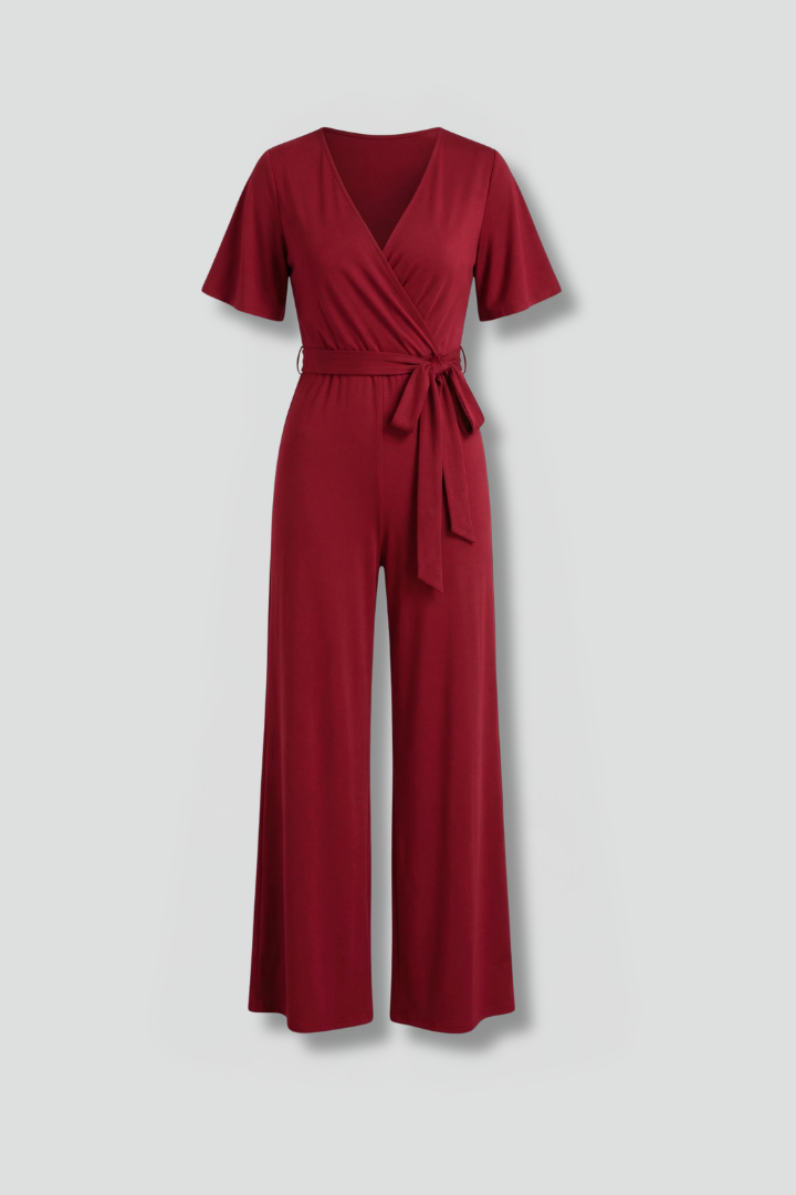 Elegant women's wrap front jumpsuit with tie waist, V-neck, and short sleeves. Perfect for any occasion.