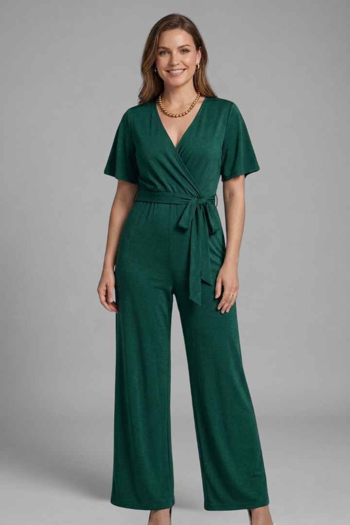 Women's elegant wide-leg wrap front jumpsuit with a flattering tie waist and V-neck for fashion.