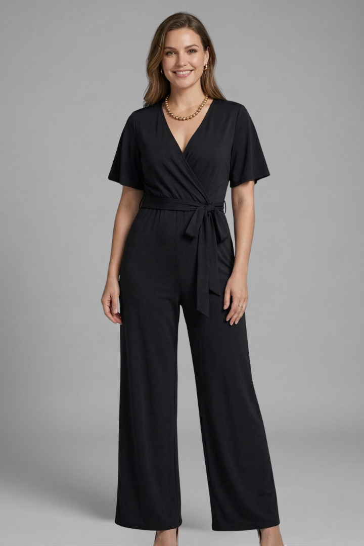 Comfortable women's one-piece jumpsuit, featuring a chic wrap front and adjustable tie waist for an outfit.