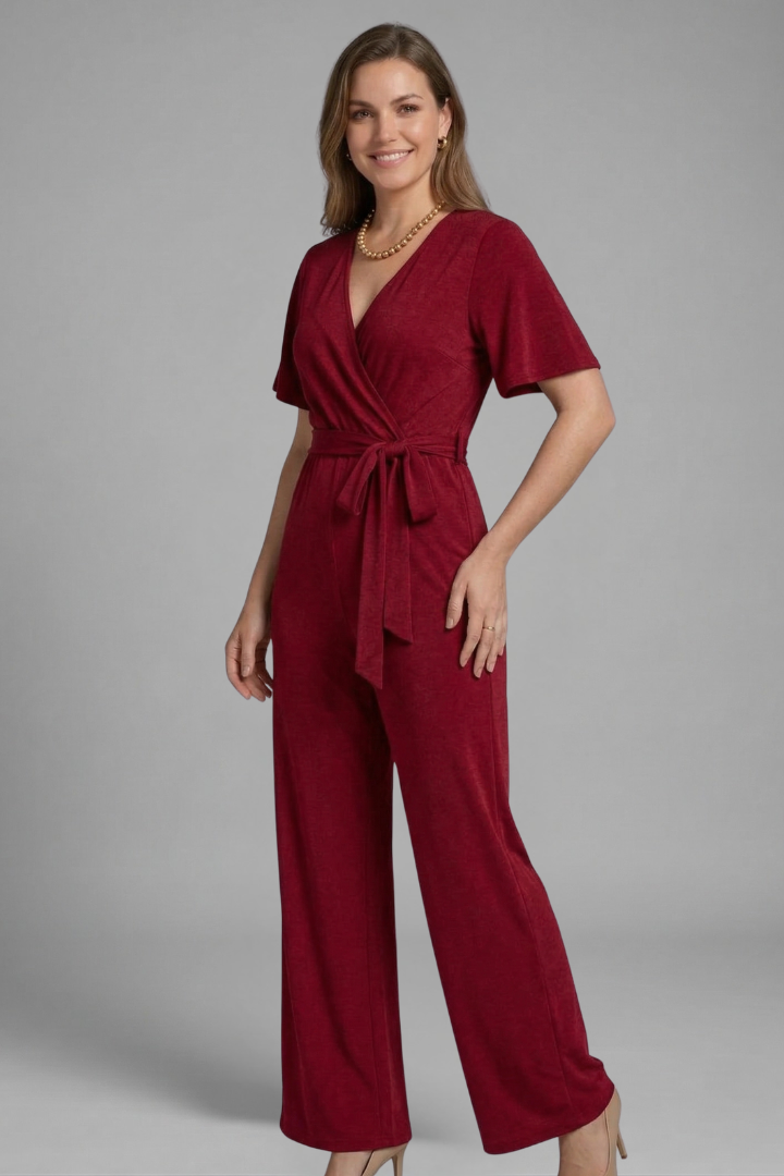 Fashionable women's wrap front jumpsuit, ideal for a chic outfit, featuring a tie waist and wide legs.