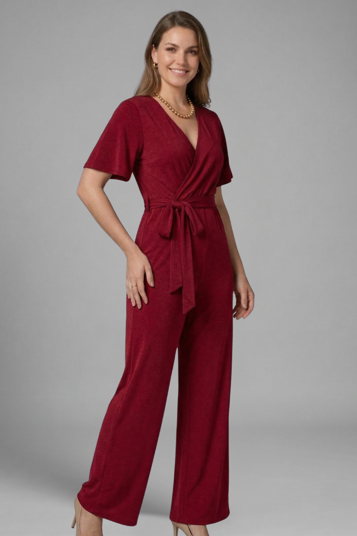 Versatile women's elegant jumpsuit: wrap front, tie waist, V-neck, wide leg. Suitable casual to formal.