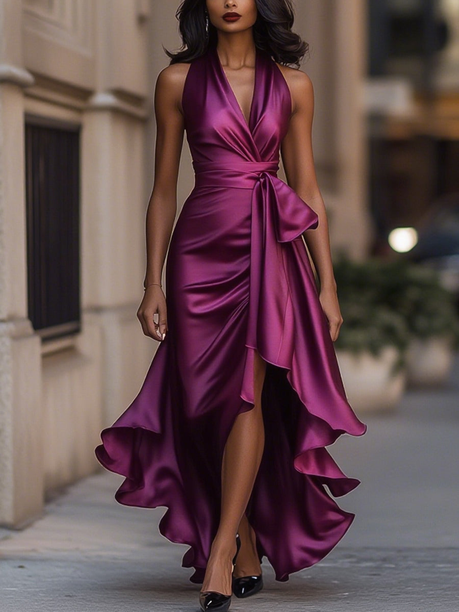 Sophisticated women's long wrap dress featuring a deep V-neck, ideal for gala nights & special events.