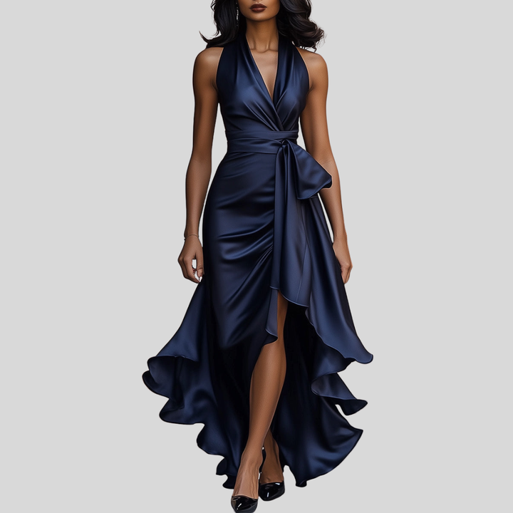 Sophisticated long formal wrap dress for women, featuring a deep V-neck & high slit, ideal for galas.