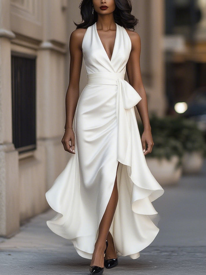 Stylish women's evening wrap maxi dress, deep V-neck, flowing fabric, elegant for special occasions.