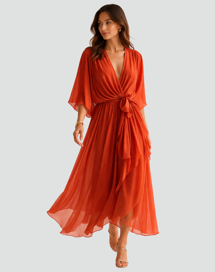 Elegant women's wrap neckline midi dress with a flattering tie waist, perfect for occasion wear.