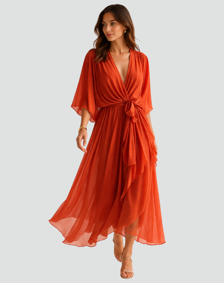 Elegant women's wrap neckline midi dress with a flattering tie waist, perfect for occasion wear.
