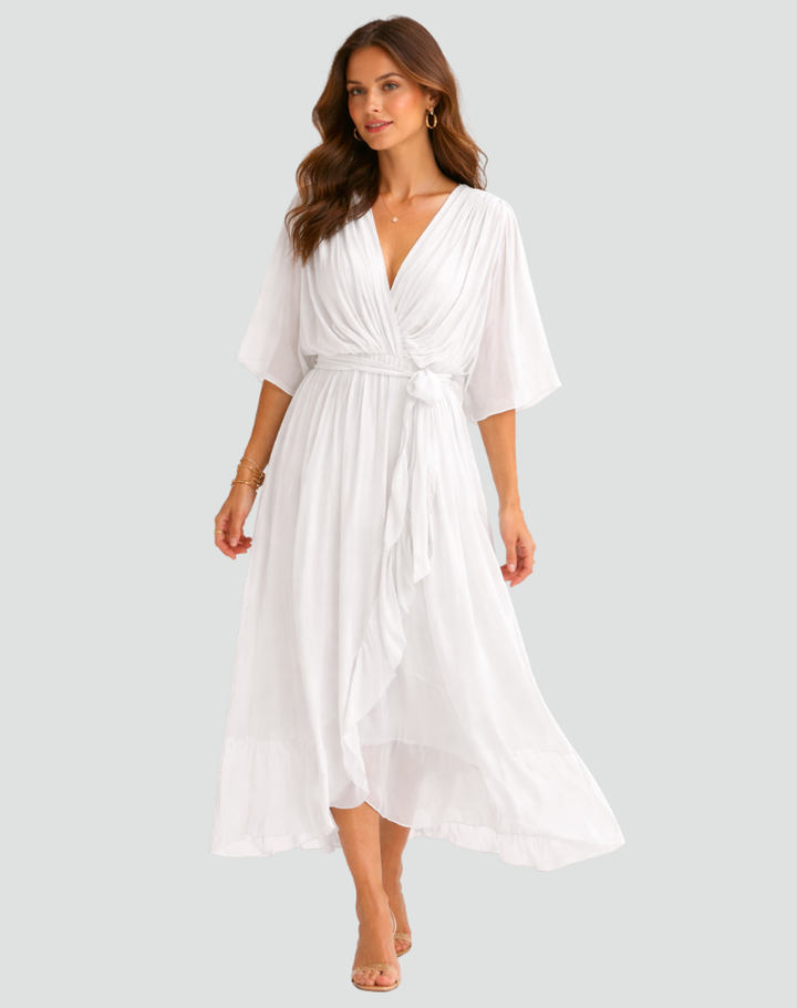 Lightweight women's summer wrap midi dress with an elegant V-neck and a cinched tie waist.