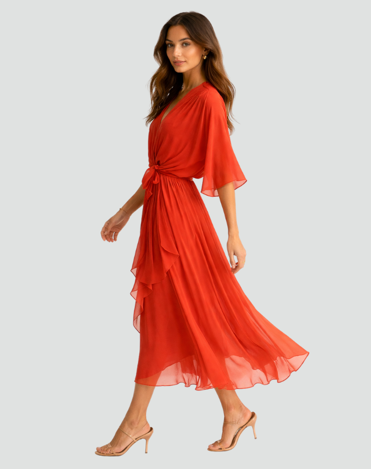Sophisticated women's event midi dress, featuring an elegant wrap design and a flattering tie waist.