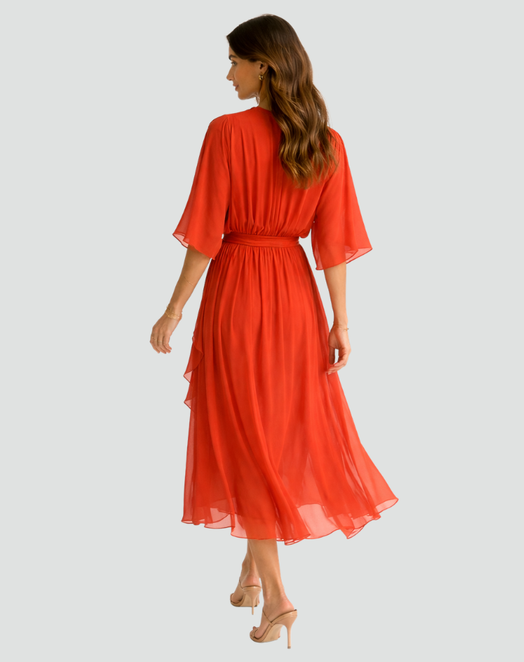 Stylish women's party midi dress with an elegant wrap neckline and a defining tie waist.