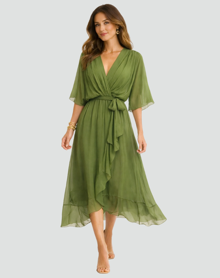 Flowy women's summer midi dress featuring a chic wrap V-neck and stylish tie waist.