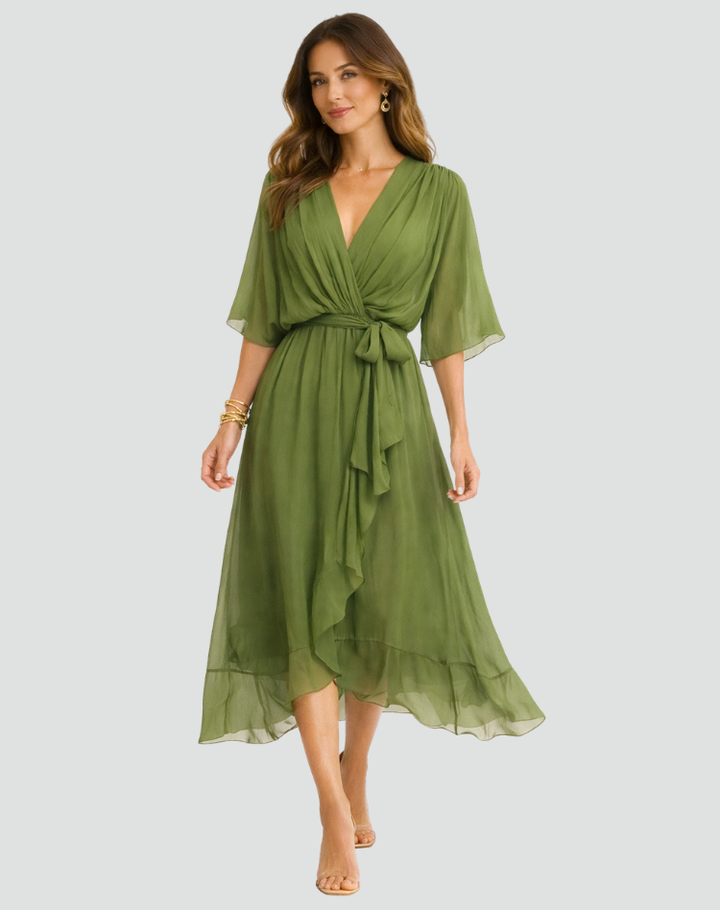 Flowy women's summer midi dress featuring a chic wrap V-neck and stylish tie waist.