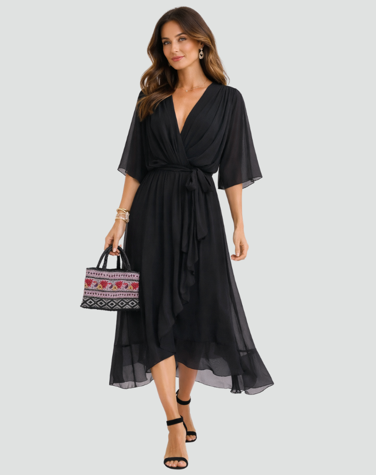 Chic black women's party midi dress with an elegant wrap front and flattering tie waist.