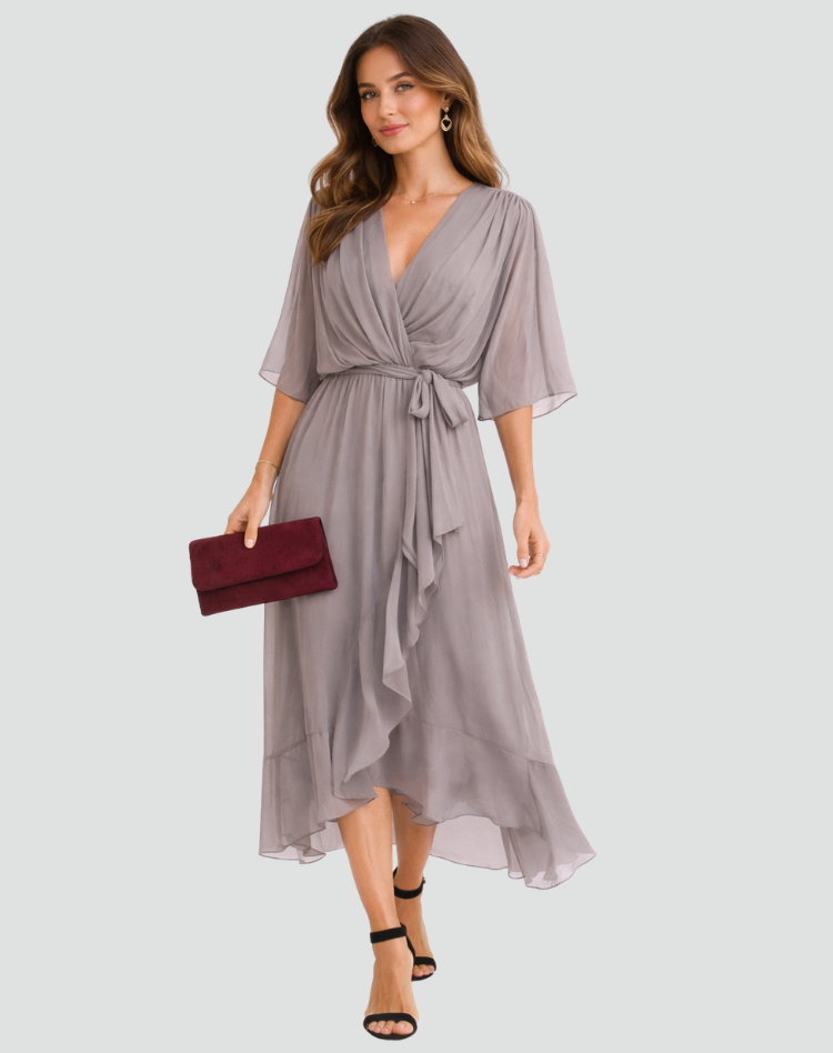 Stylish women's event midi dress with a comfortable wrap neckline and adjustable tie waist.