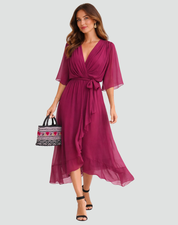 Fashionable women's midi dress, showcasing a graceful wrap V-neck and a defined tie waist.