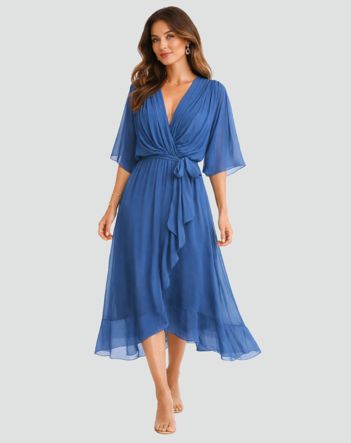 Beautiful blue women's occasion wrap midi dress with a flattering tie waist, ideal for events.
