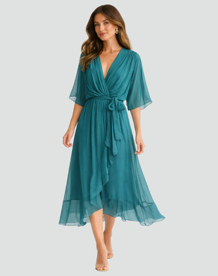 Versatile elegant women's wrap midi dress with a chic tie waist, suitable for various occasions.