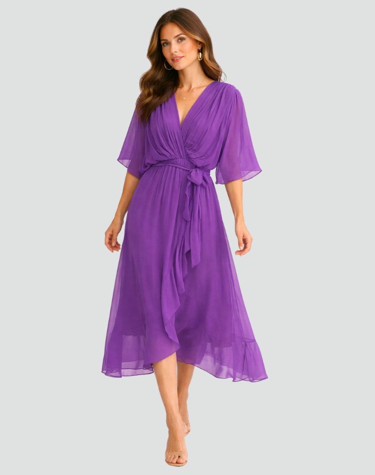 Flattering women's midi dress featuring an elegant wrap V-neckline and a stylish tie waist detail.