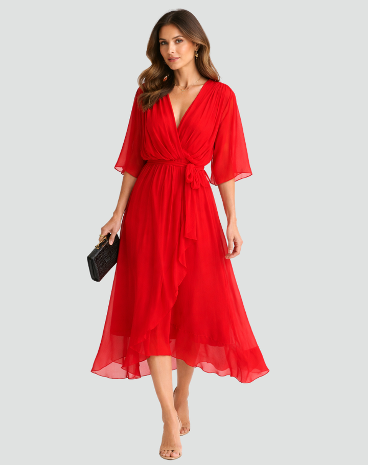 Modern chic women's wrap midi dress with a sophisticated V-neck and an adjustable tie-waist belt.