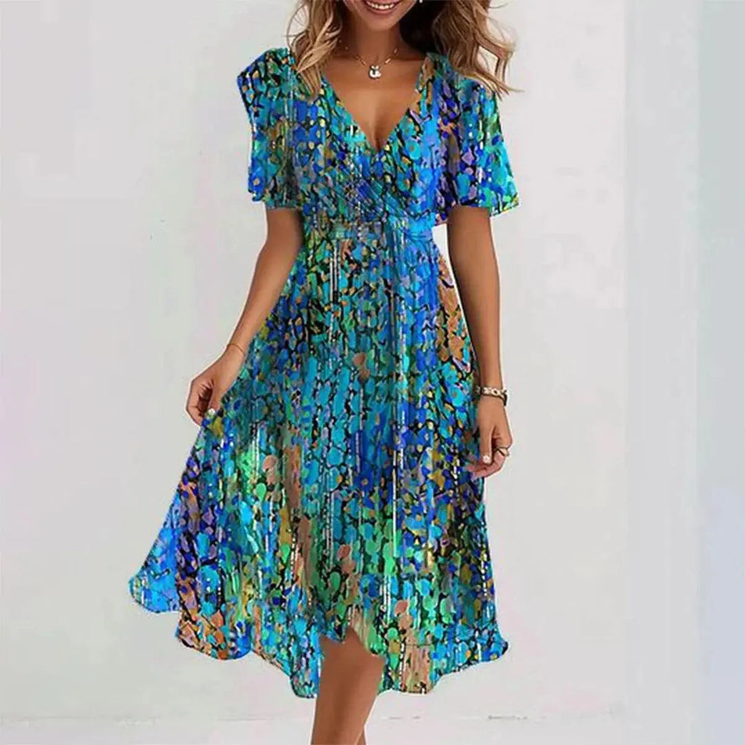 Elegant women's wrap V-neck mini dress, A-line style. Perfect for versatile summer or evening fashion.