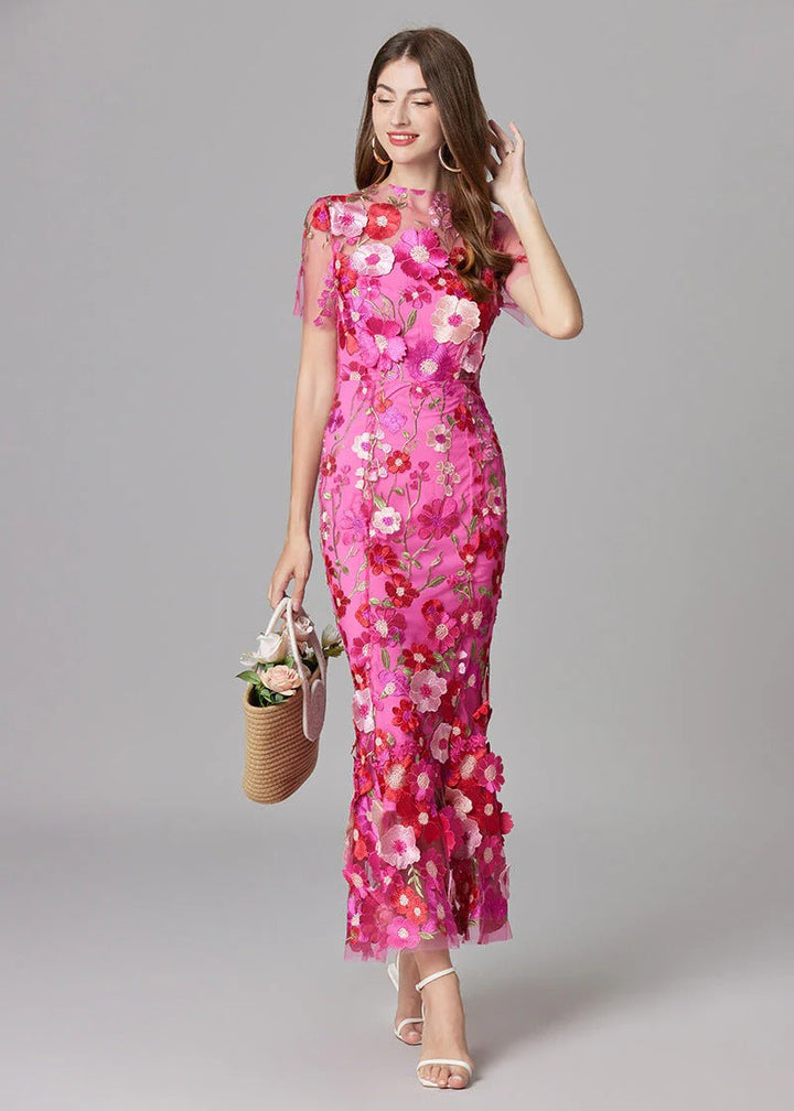 Elegant women's occasion wear maxi dress, yellow with sheer details & beautiful 3D floral appliqué.