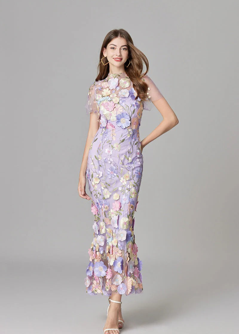 Wedding guest yellow maxi dress, elegant with sheer paneling & charming 3D floral embellishments.